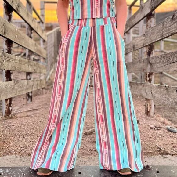 Western Serape Striped Print Palazzo Wide Leg Rodeo Ready Boho Pants - Picture 1 of 6